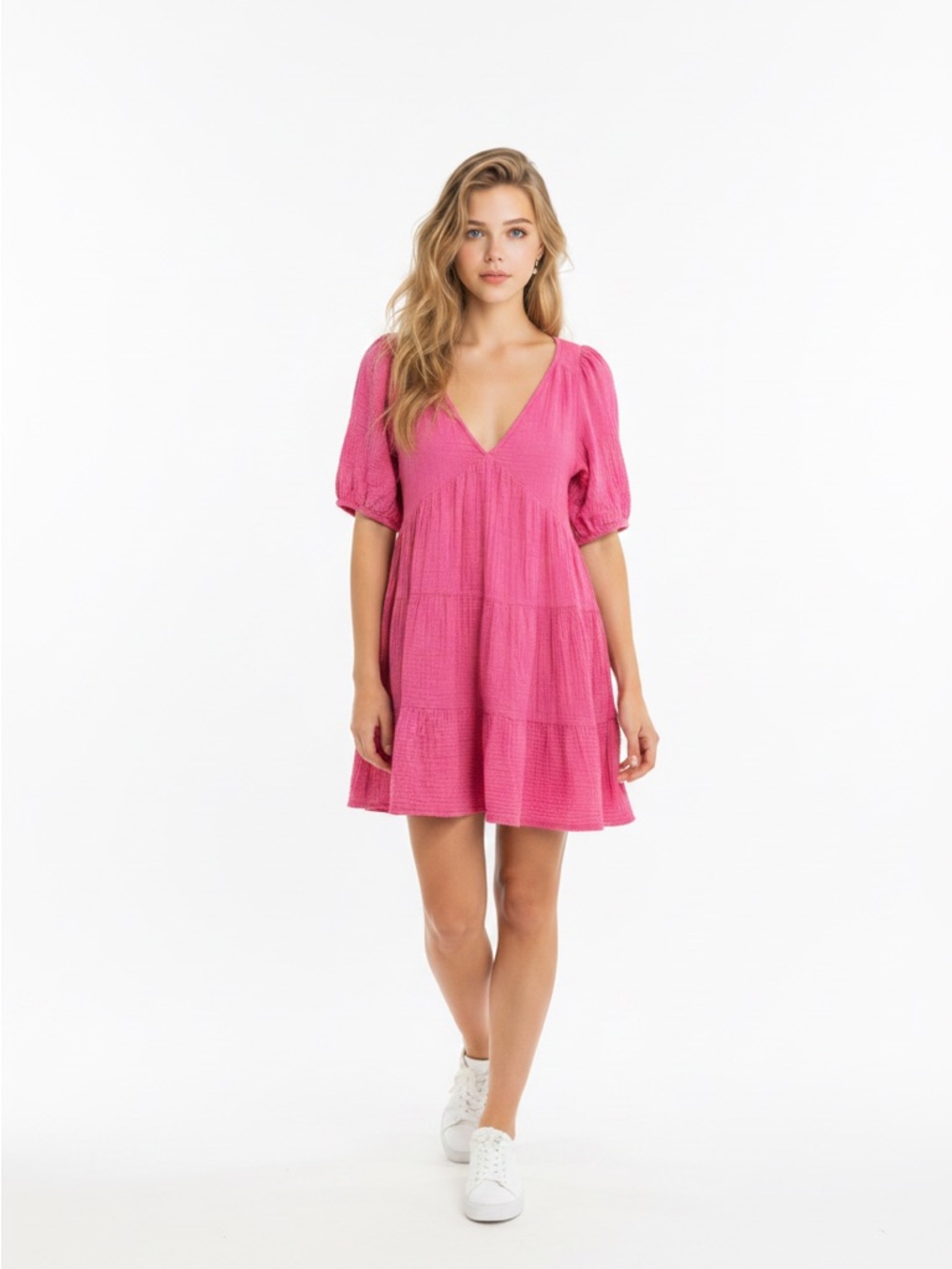Women's Pink V-Neck Tiered Mini Dress